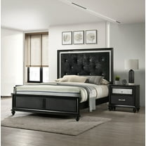 Modern Glam 3pc Queen Size Bedroom Set Black Finish Upholstered Panel Bed Nightstand Furniture