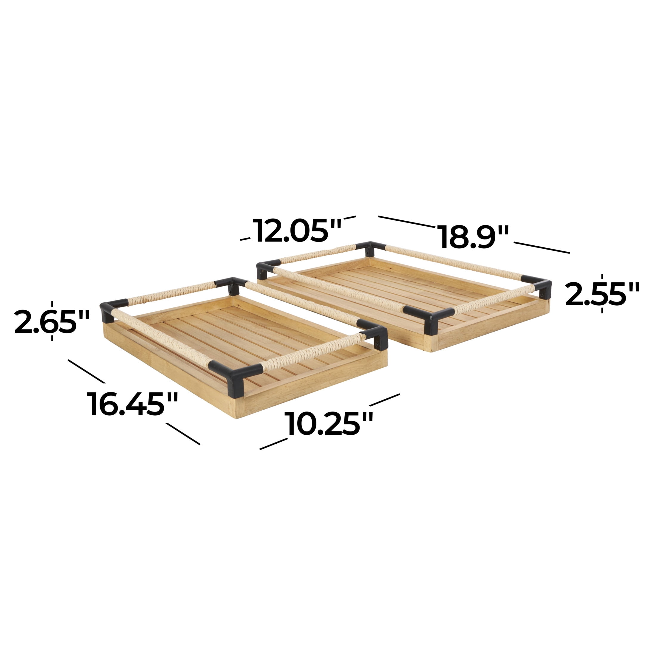 DecMode 19", 16"W Brown Wood Slatted Tray with Elevated Woven Sides and Black Metal Corners, 2-Pieces