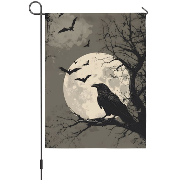 Black Crow Garden Flags For Outdoor, Bat Moon Horror Bird Tree Branch Halloween Vintage Small Double Side Yard Flags Weather Proof Garden Decor for Lawn Outside Holiday 12 x 18 Inches