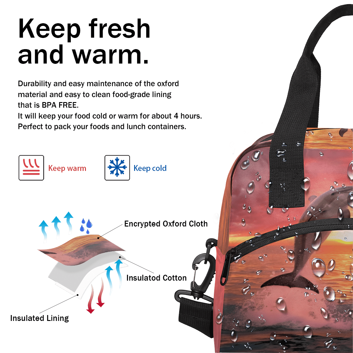 Herdesigns Dolphin Themed Insulated Lunch Bag for Women Men Adults Large Reusable Lunch Box Sea Dolphin Leakproof Cooler Tote Bags with Adjustable Shoulder Strap