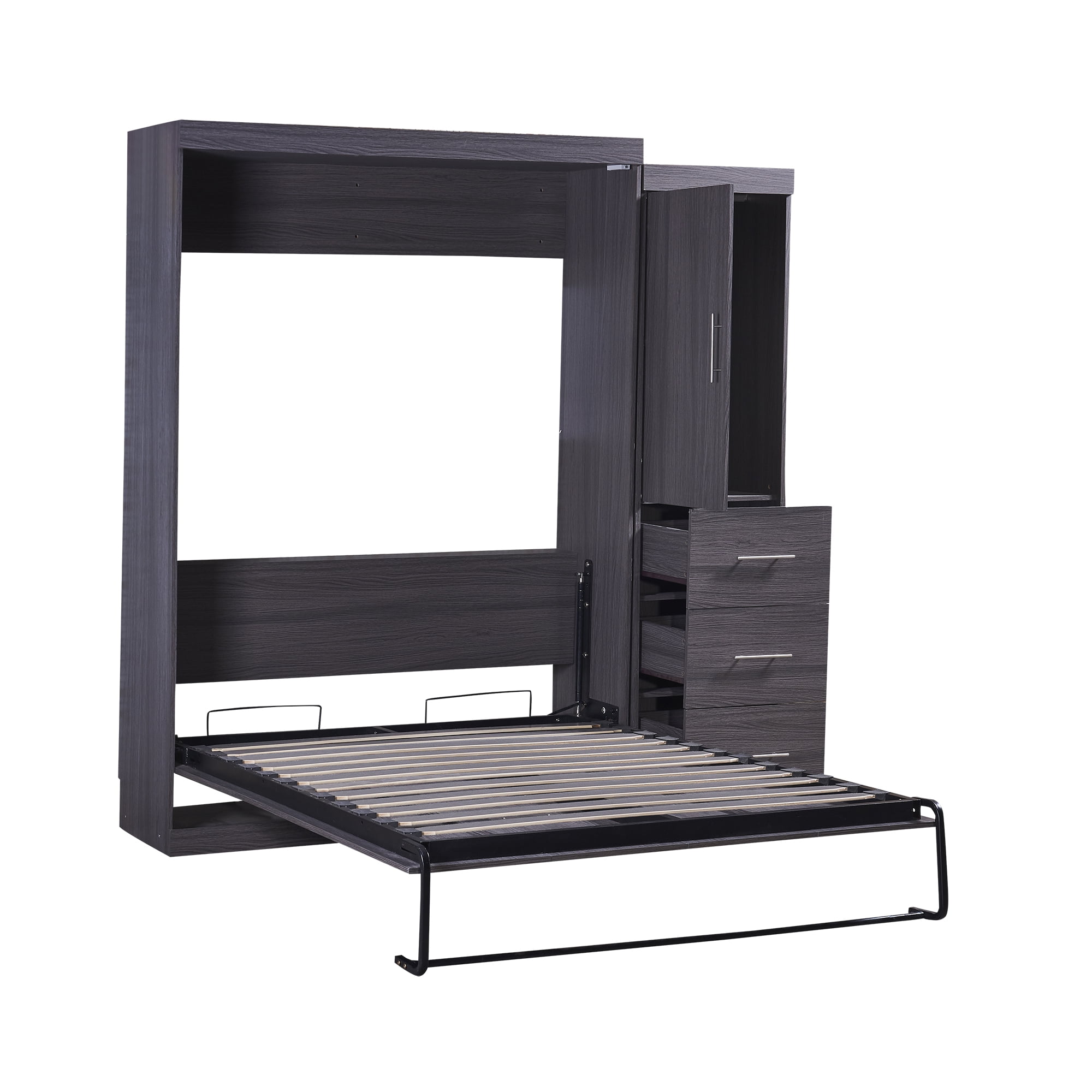 Euroco Wood Full Size Murphy Wall Bed with Wardrobe and Drawers for Living Room, Moveable Wardrobe and Drawers, Space-Saving & Easy Open and Close, Gray