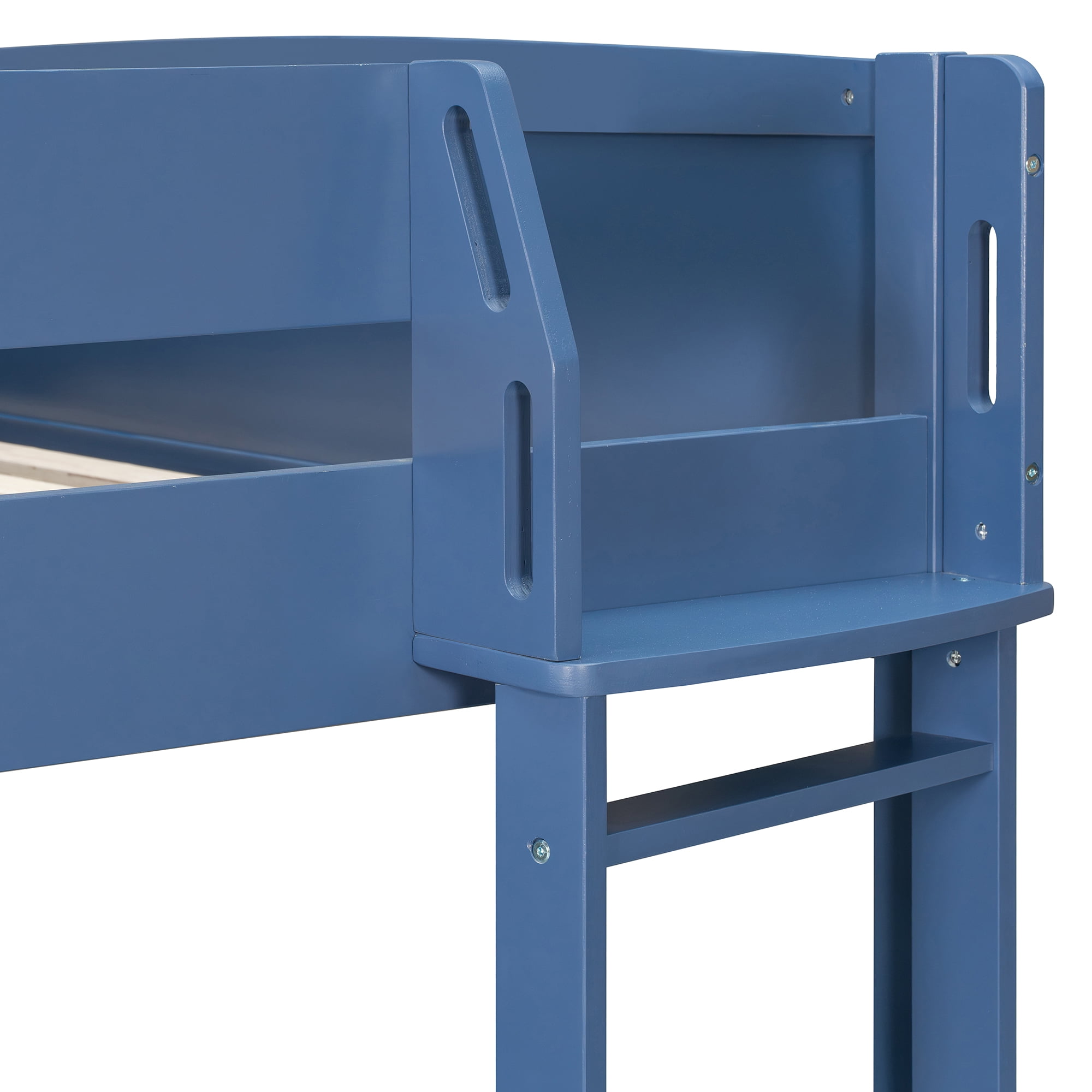 Full Size Wood Loft Bed with Desk, Bedside Storage Shelf, Sofa and Light, Space Saving Loft Bed with Rotating L-Shaped Desk for Bedroom Home Office Studio Apartment, Navy Blue