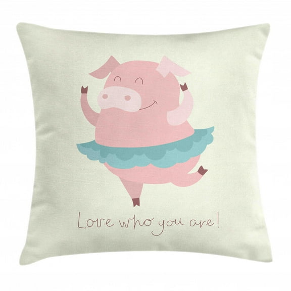 Pig Throw Pillow Cushion Cover, Love Who You Are Quoting with a Happy Ballerina Animal in Tutu, Decorative Square Accent Pillow Case, 24" X 24", Ivory Pale Blue Grey Pale Teal Rose, by Ambesonne
