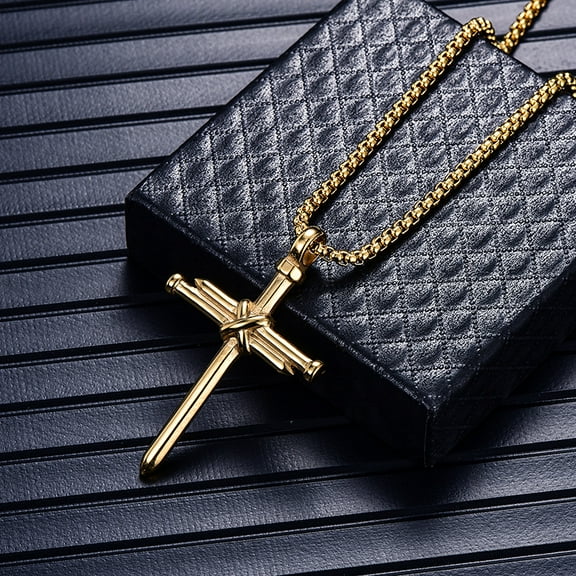 Cross nail necklace, punk men's fashionable and minimalist 14K Yellow Gold pendant Necklace