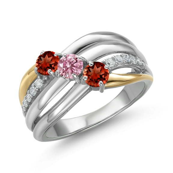 Gem Stone King 925 Silver and 10K Yellow Gold Red Garnet and Pink Lab Grown Diamond Engagement Ring for Women | 1.14 Cttw | Round 4MM | January Birthstone | Size 8