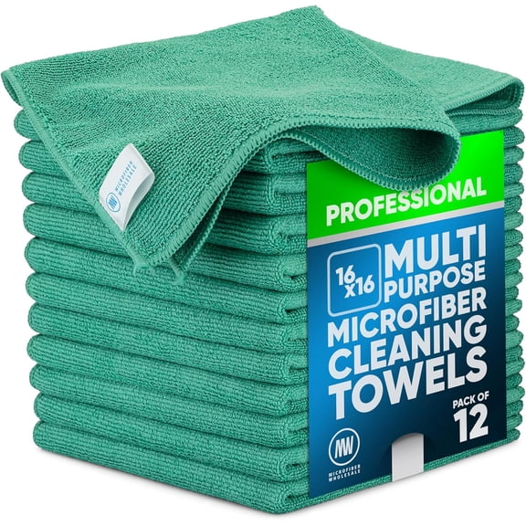 MW Pro Microfiber Cleaning Cloth | Green (12 Pack) | Size 16" x 16" | All Purpose Microfiber Towels - Clean, Dust, Polish, Scrub, Absorbent