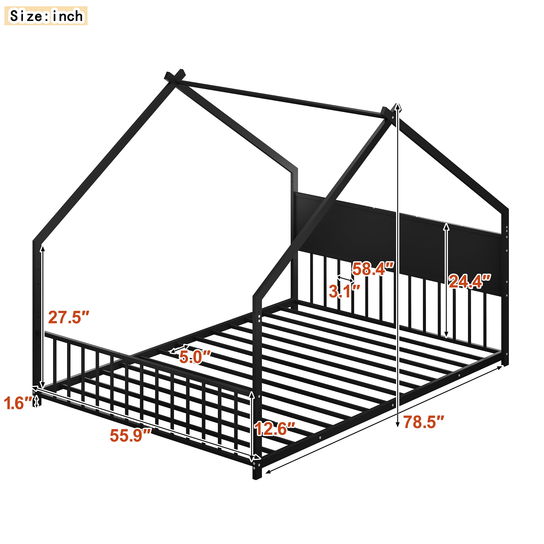 Aukfa Full Size Metal House Bed Frame with LED Lights, Montessori Floor Bed for Kids & Toddlers, Modern Kids Room Furniture, Black