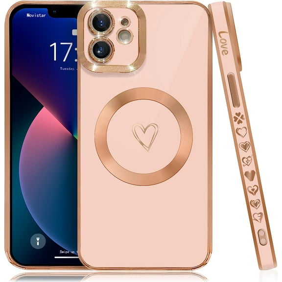 Compatible with iPhone 12 Case Magsafe, Cute Heart Pattern Luxury Plating Full Camera Lens Protection Magnetic Case for iPhone 12 for Women Girl-Pink