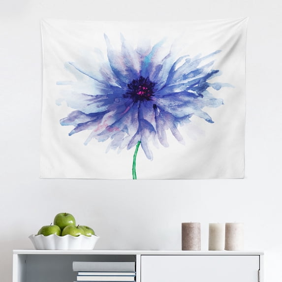 Watercolor Flower Tapestry, Cornflower Summer Botanic Floral Blooming Plants Print, Fabric Wall Hanging Decor for Bedroom Living Room Dorm, 2 Sizes, Navy Blue White Green, by Ambesonne