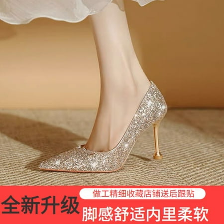 

Champagne Golden Bride Wedding Shoes Women‘s New Wedding High Heels with Wedding Dress Cat with Crystal Shoes Not Brocade