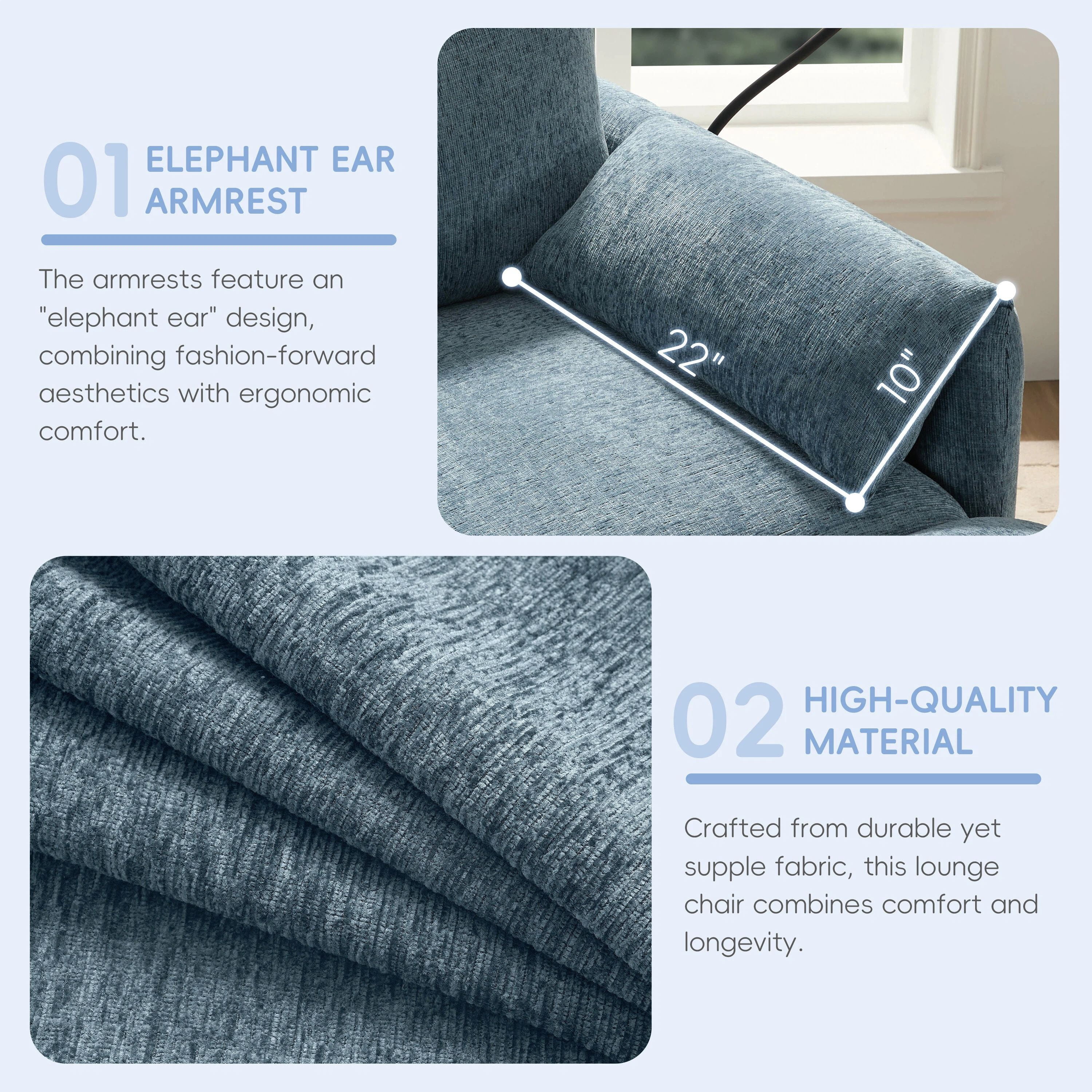 Euroco Accent Chair with Storage Ottoman, Modern Chenille Single Sofa Chair with USB Port,Side Pockets & Adjustable Phone Holder, Cloud Couch with Convertible Chaise for Living Room,Office,Blue