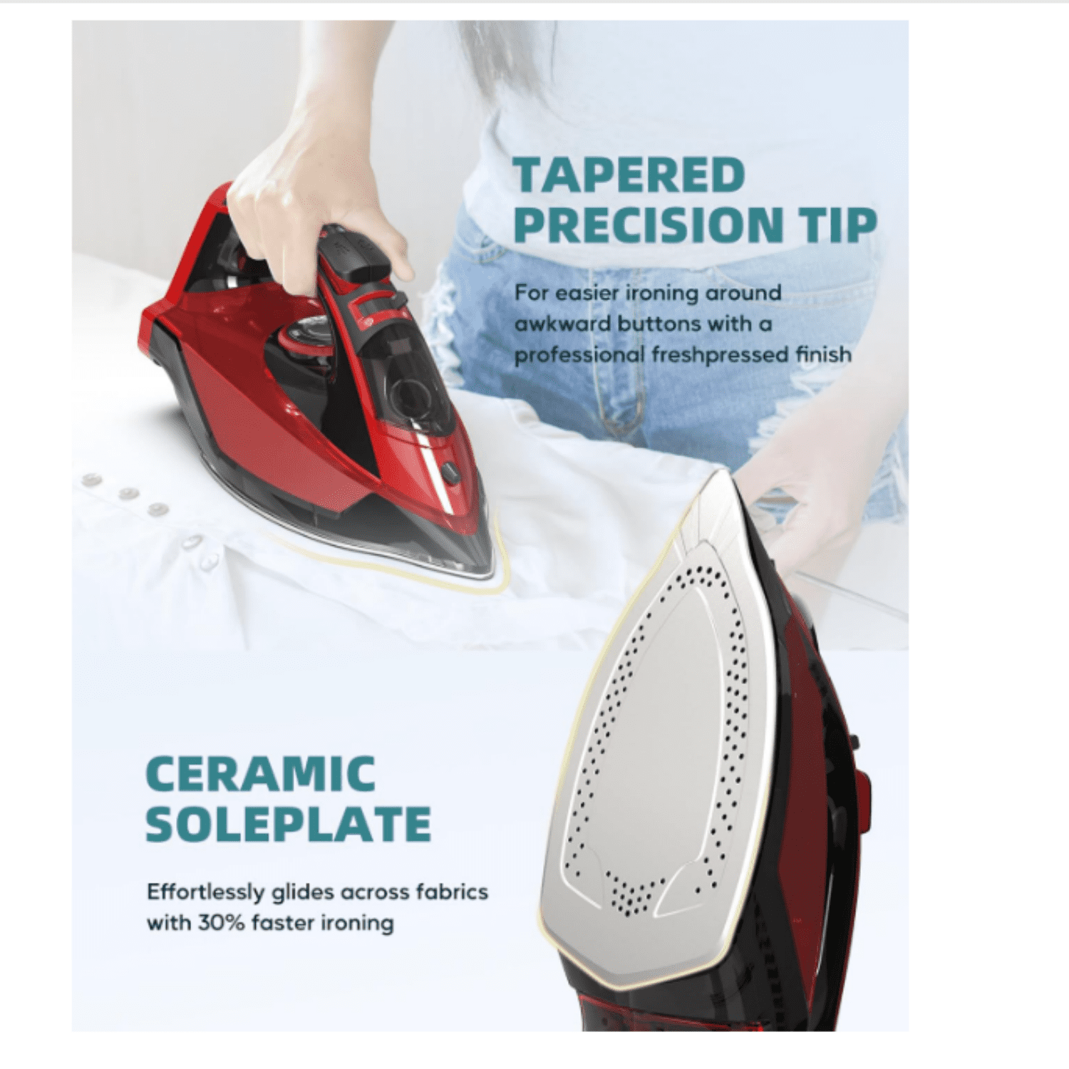 Cordless Iron for Clothes - 1500W Steam Iron with Non-Stick Ceramic Soleplate, Rapid Heating, Auto Shut Off, Burst of Steam, Self-Clean, Anti-Drip, Anti-Calc, 3 Temperature Settings, Red
