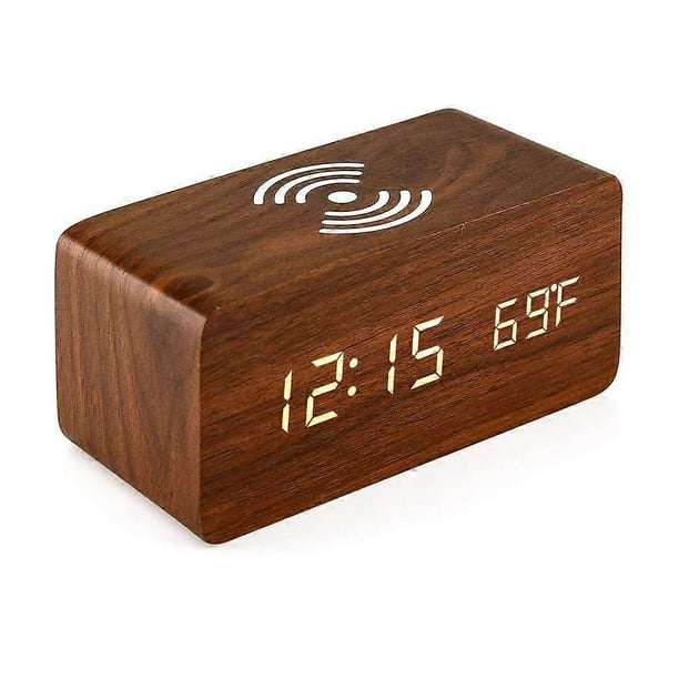Wooden digital alarm clock with wireless charging, adjustable dimmer and brown alarm volume