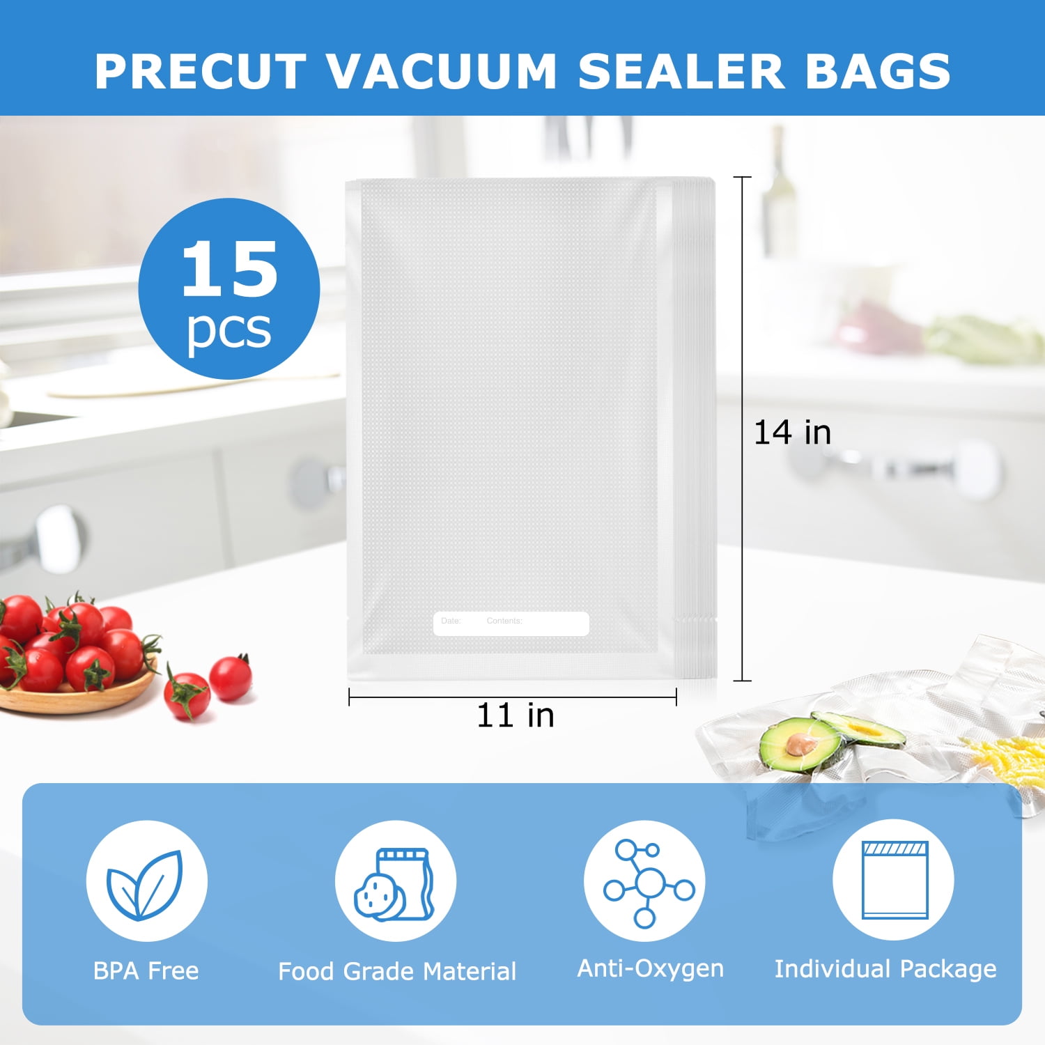 Mainstays Gallon Vacuum Sealer Bags (11" x 14"), 15-Count BPA-Free Vacuum Seal Bags for Food Storage and Sous Vide, Works With All Brands Food Vacuum Sealer Machines
