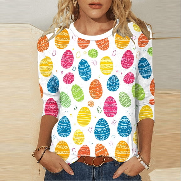 Kctiaxy Happy Easter Womens Tops Round Neck 3/4 Length Sleeve T-Shirts Fashion Graphic Loose Fits Dressy Festival Pullover Blouse Summer Tees