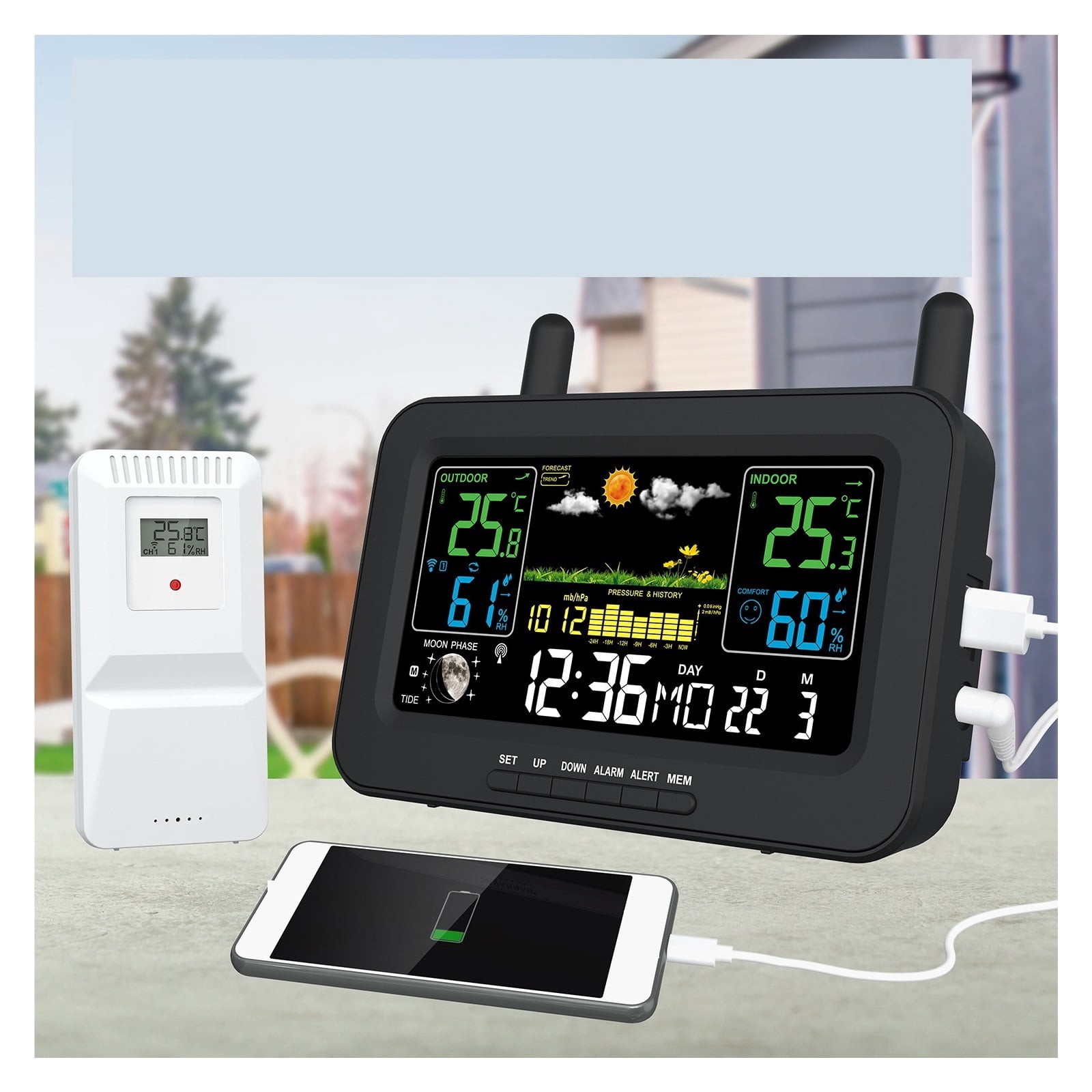 Wireless Indoor Outdoor Weather Station with USB Charging, Color Screen, Temperature Humidit - BLACK