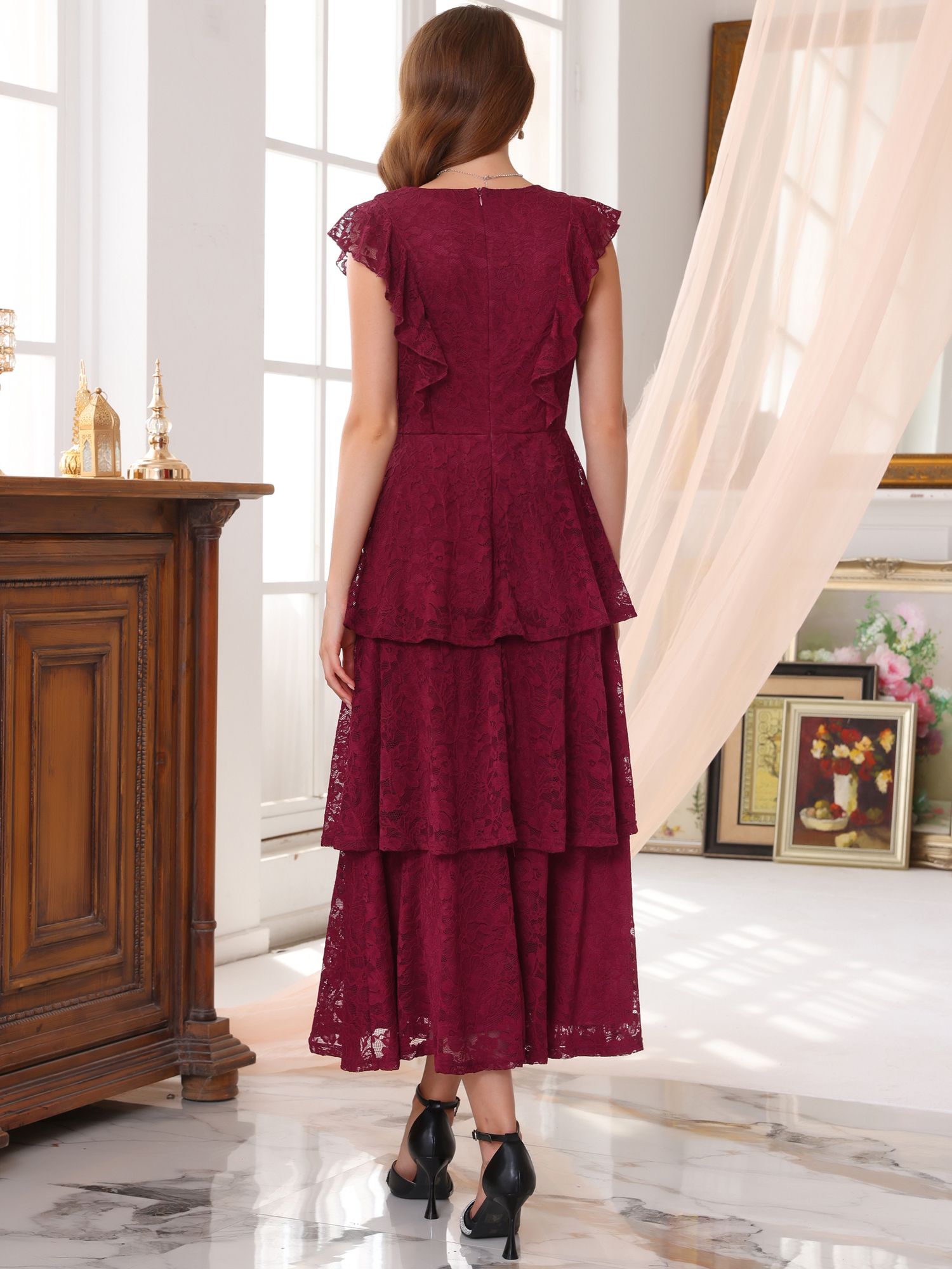 DARING DIVA Women's Wedding Guest Cocktail Ruffle Cap Sleeves Dress L Burgundy