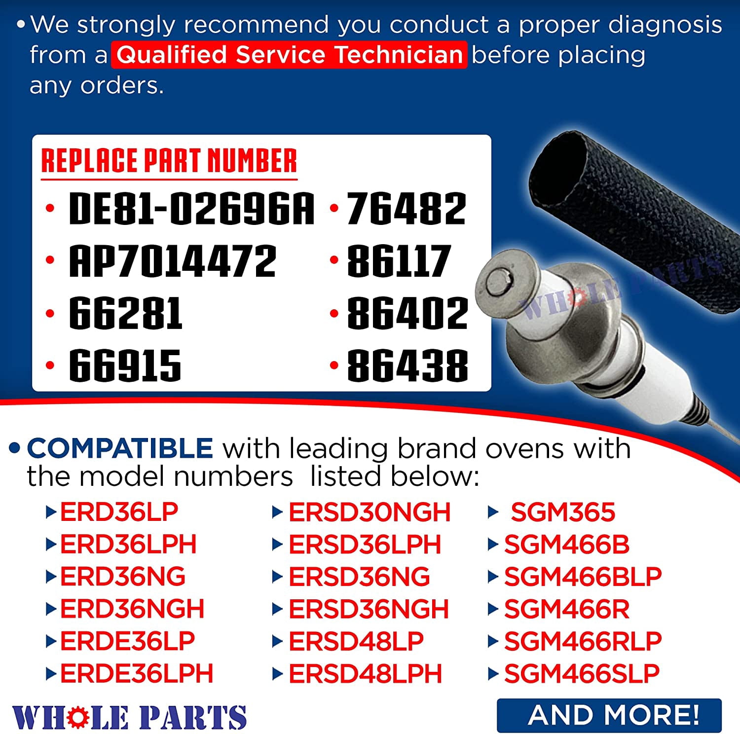 Whole Parts Range Surface Burner Igniter Part# 76482-001 - Replacement & Compatible With Some Dacor Ranges