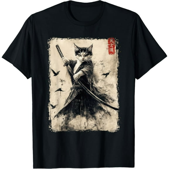 Samurai Cat Graphic Tee Warrior Vintage Japanese Art Anime T-Shirt Tee
