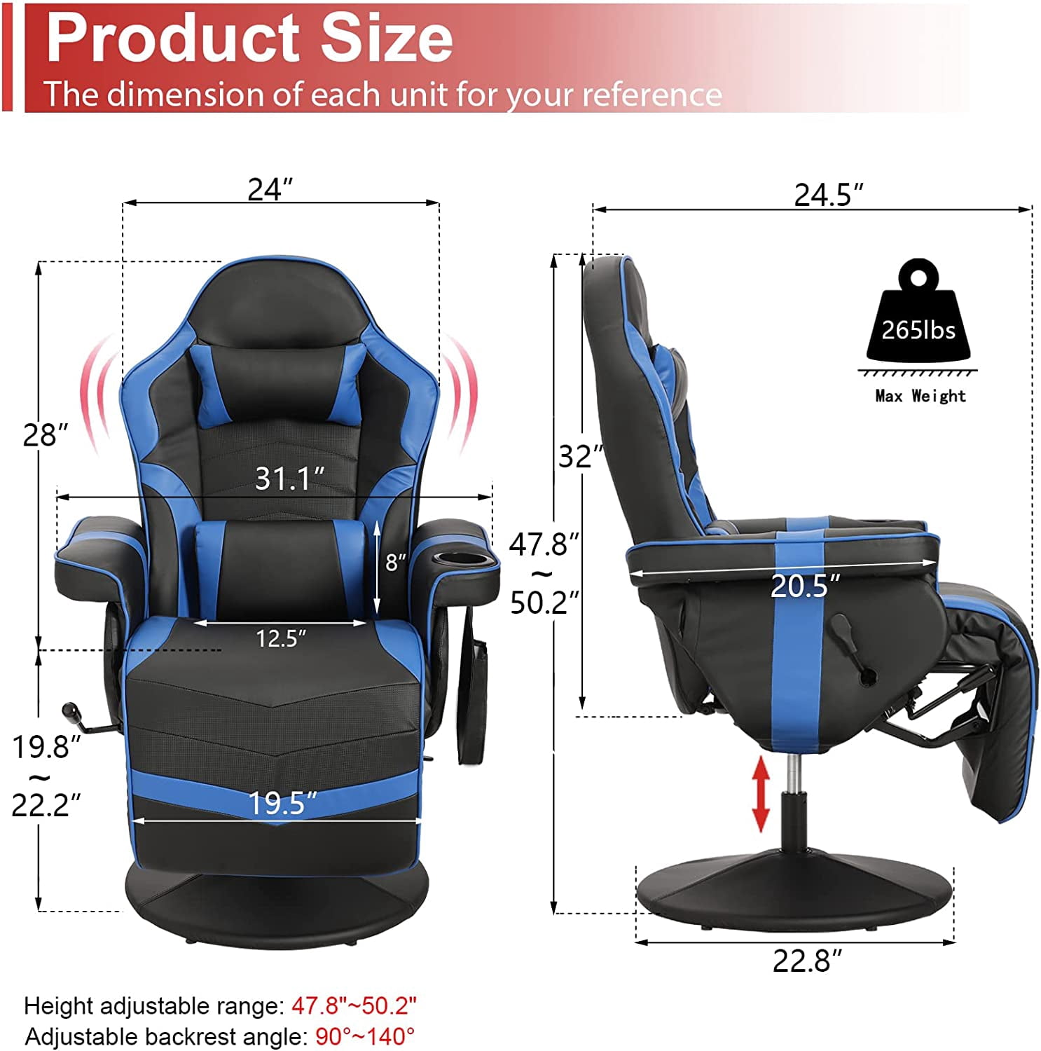 Massage Gaming Chair Reclining Video Game Chair Ergonomic Office Chair Height Adjustable Gamer Chair with Headrest and Lumbar Support PU Leather High Back Swivel Computer Chair