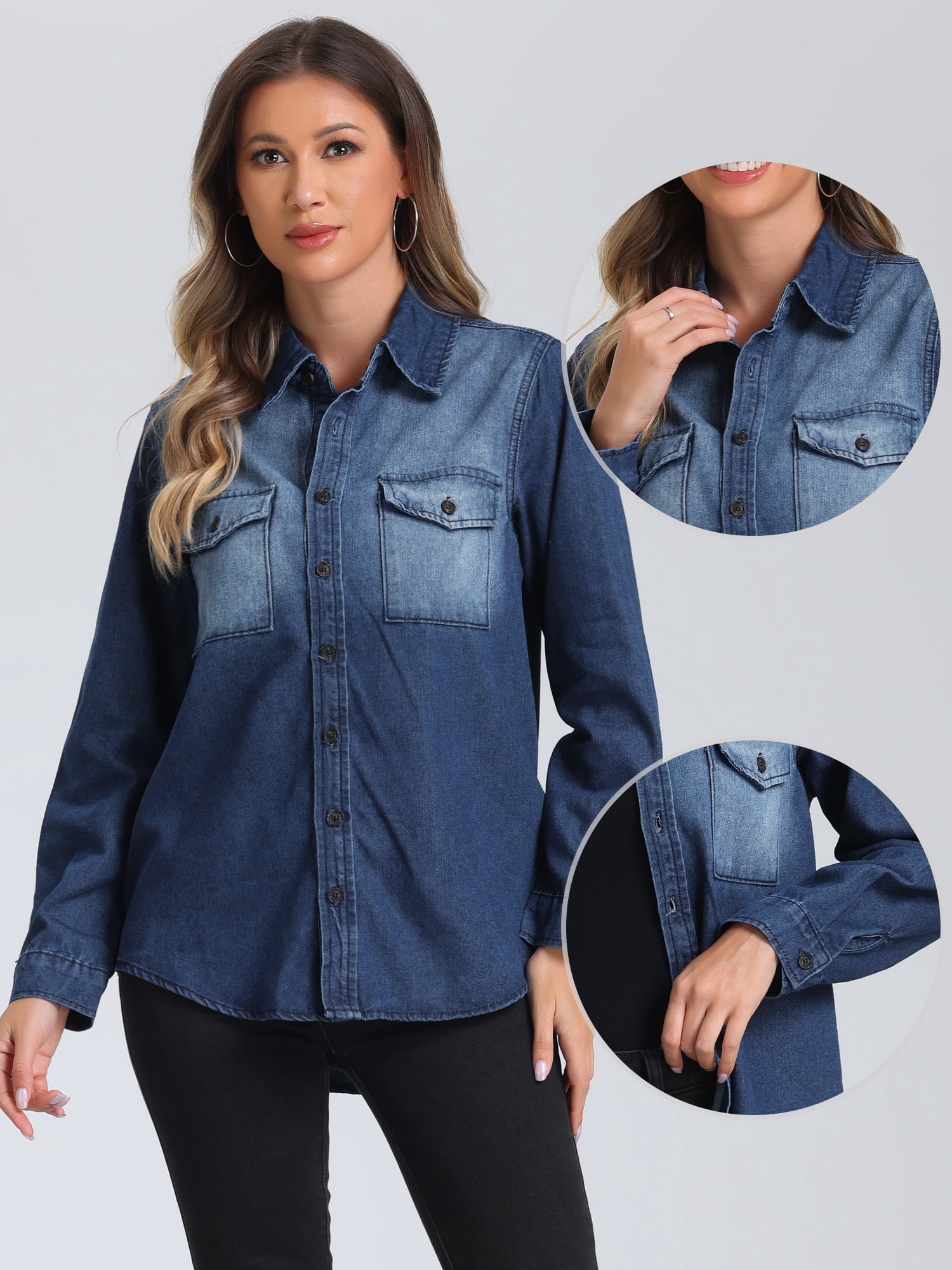 DARING DIVA Women's Trendy Long Sleeve Button Down Washed Denim Jacket L Blue
