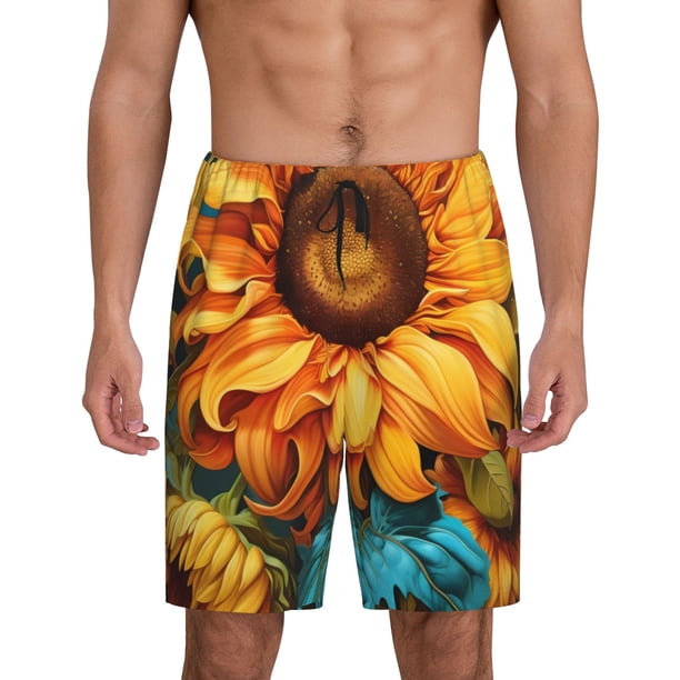 Balery Deep Yellow Colorful Sunflower Pantalones cortos de pijama de punto de algodón para hombre con cinturilla y bolsillos-4X-Large