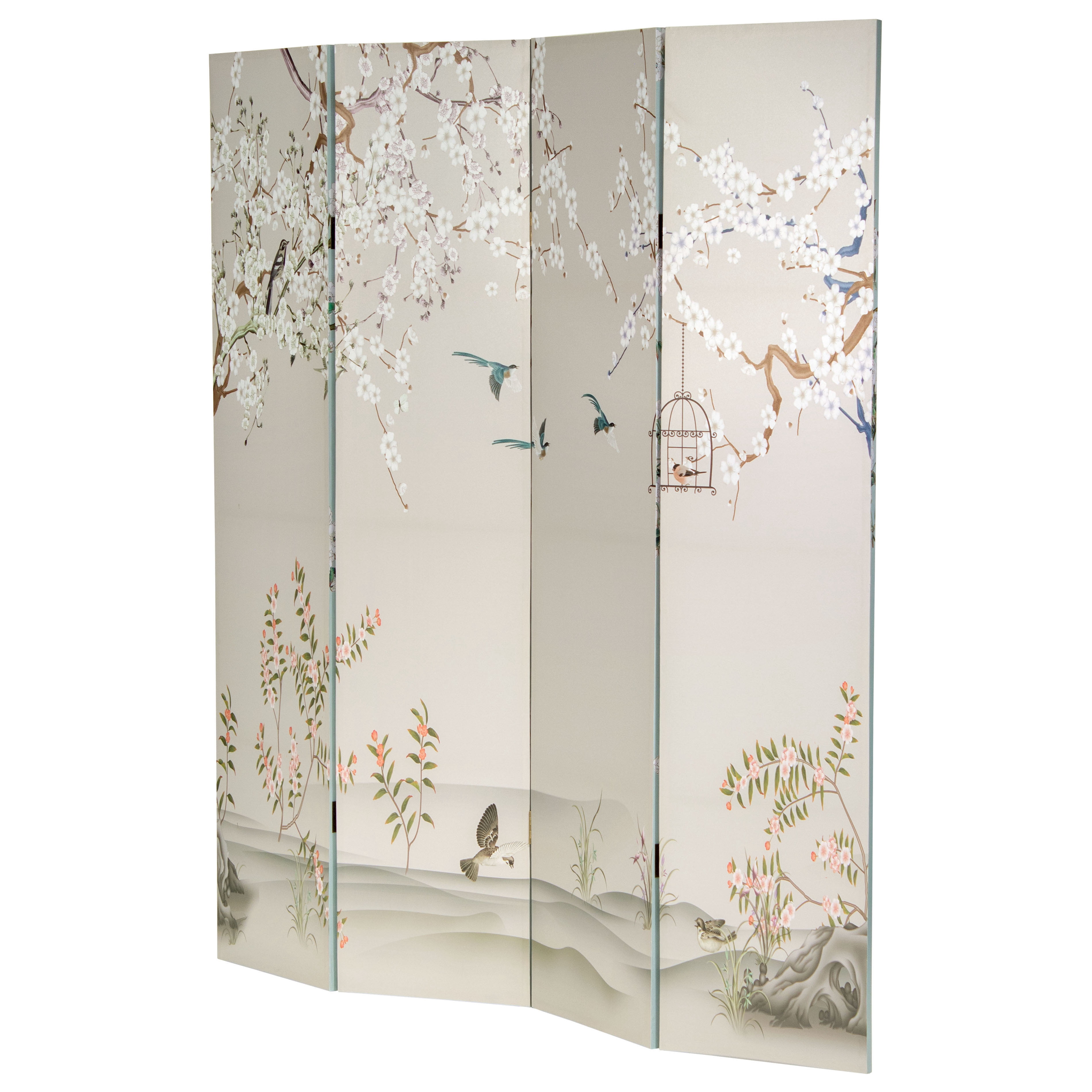 Oriental Furniture 6 Feet Tall Double Sided Birds and Plum Blossoms Canvas Room Divider