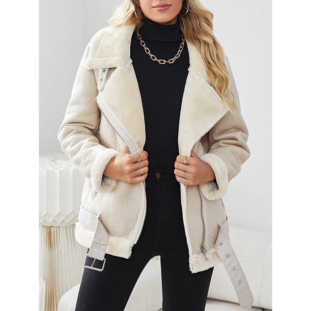 -Chaqueta gruesa y cálida de piel Fuax para mujer, abrigo holgado con cinturón para motociclista, Otoño e Invierno