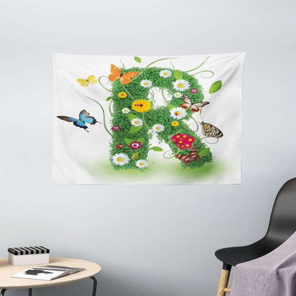 Letter R Tapestry, Uppercase R with Flora and Fauna Wildflowers Daisies Butterflies and Grass, Wall Hanging for Bedroom Living Room Dorm Decor, 60W X 40L Inches, Green Multicolor, by Ambesonne