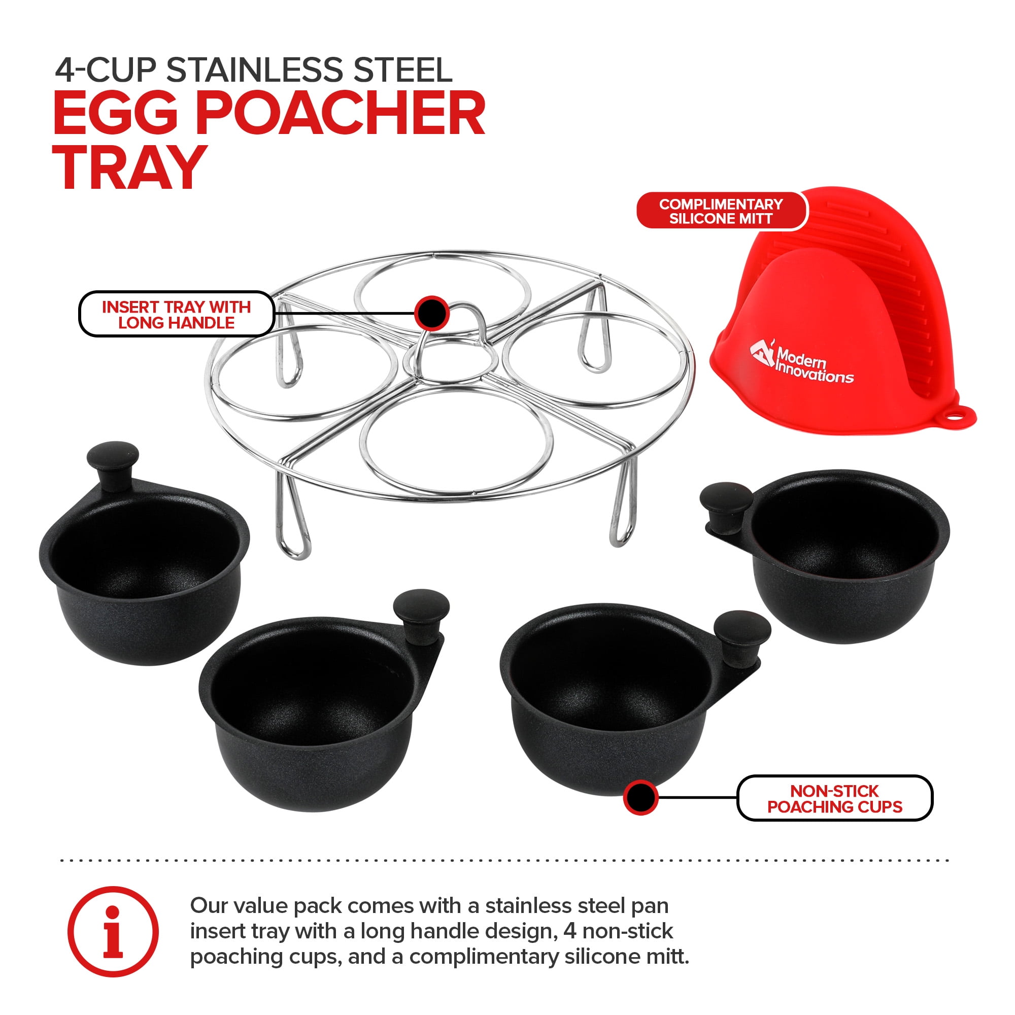 Modern Innovations Stainless Steel 4-Cup Egg Poacher Tray - Complimentary Silicone Mitt - Egg Poacher Insert for Poaching Eggs & Eggs Benedict - Poached Egg Maker Compatible with Most Pans