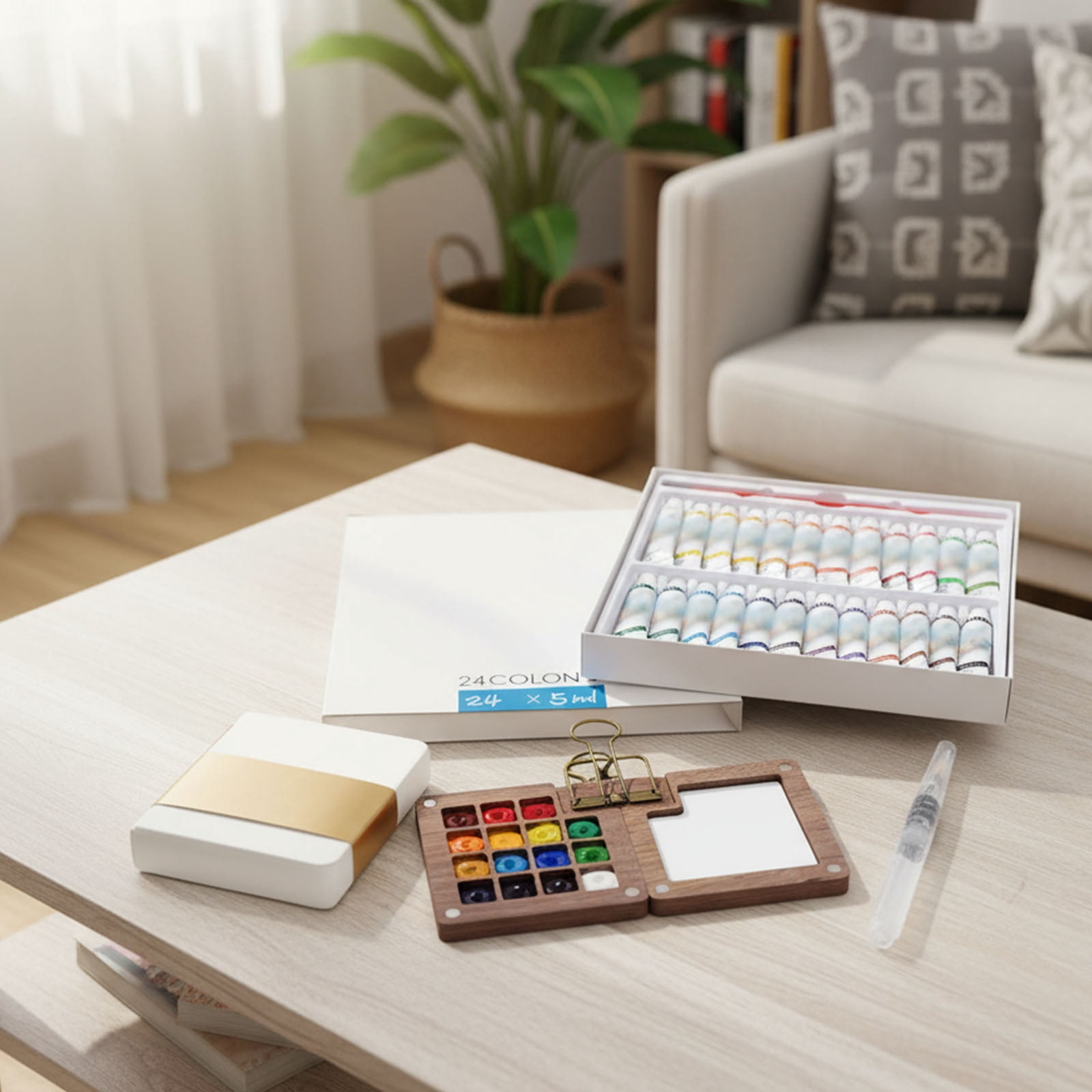 HAHUT Mini Watercolor Paint Set, Portable Artist Palette Sets with 24 Colors, Binder Clip, Sketchbook, Water Brush Pen & Wooden Paint Box for Artists Students Painters