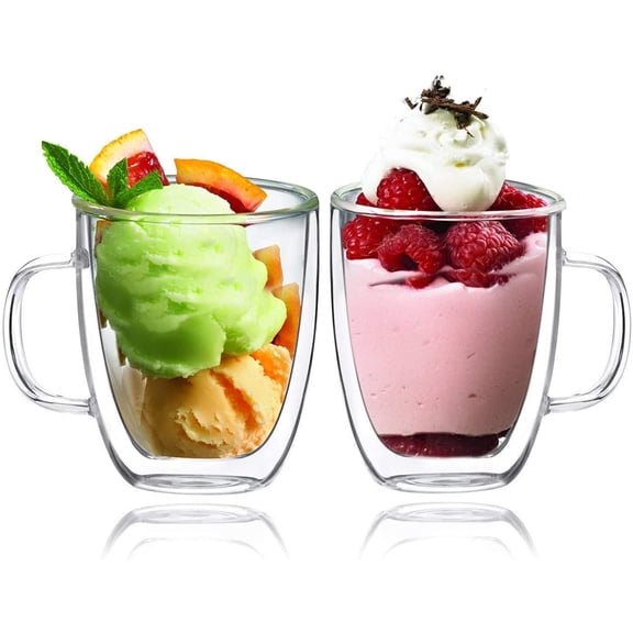 BOQO Glass Cups,Double Walled Insulated Drinking Glasses with Handle,Set Of 2 Mugs(400ml Water Glasses) 2 Count (Pack of 1)