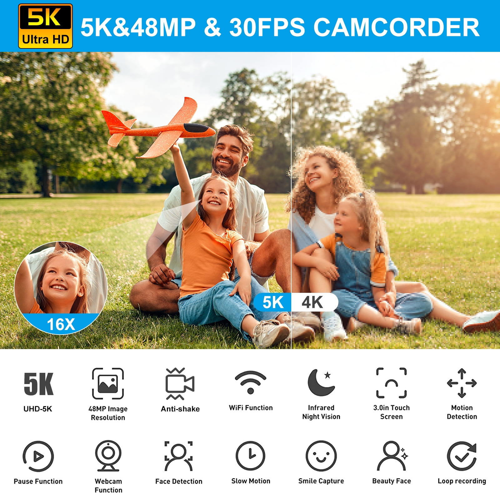 5K Video Camera Camcorder 48MP UHD Wifi IR Night Vision Vlogging Camera for YouTube with 32GB SD Card,16X Digital Zoom Touch Screen with External Microphone,2 Batteries