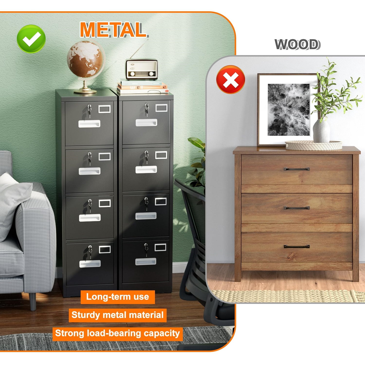 OCHAPA Metal Vertical File Cabinet with Lock,File Storage Cabinet with 4 Drawer for Letter,Legal,14.96" W x 17.72" D x 55.2" H, Assembly Required