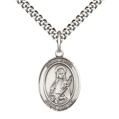 .925 Sterling Silver Saint St Lucia of Syracuse Medal Pendant on 24 Inch Endless Rhodium Plated Heavy Curb Brass Chain, Catholic Religious Necklace - Made in USA- Deluxe Velvet Gift Box