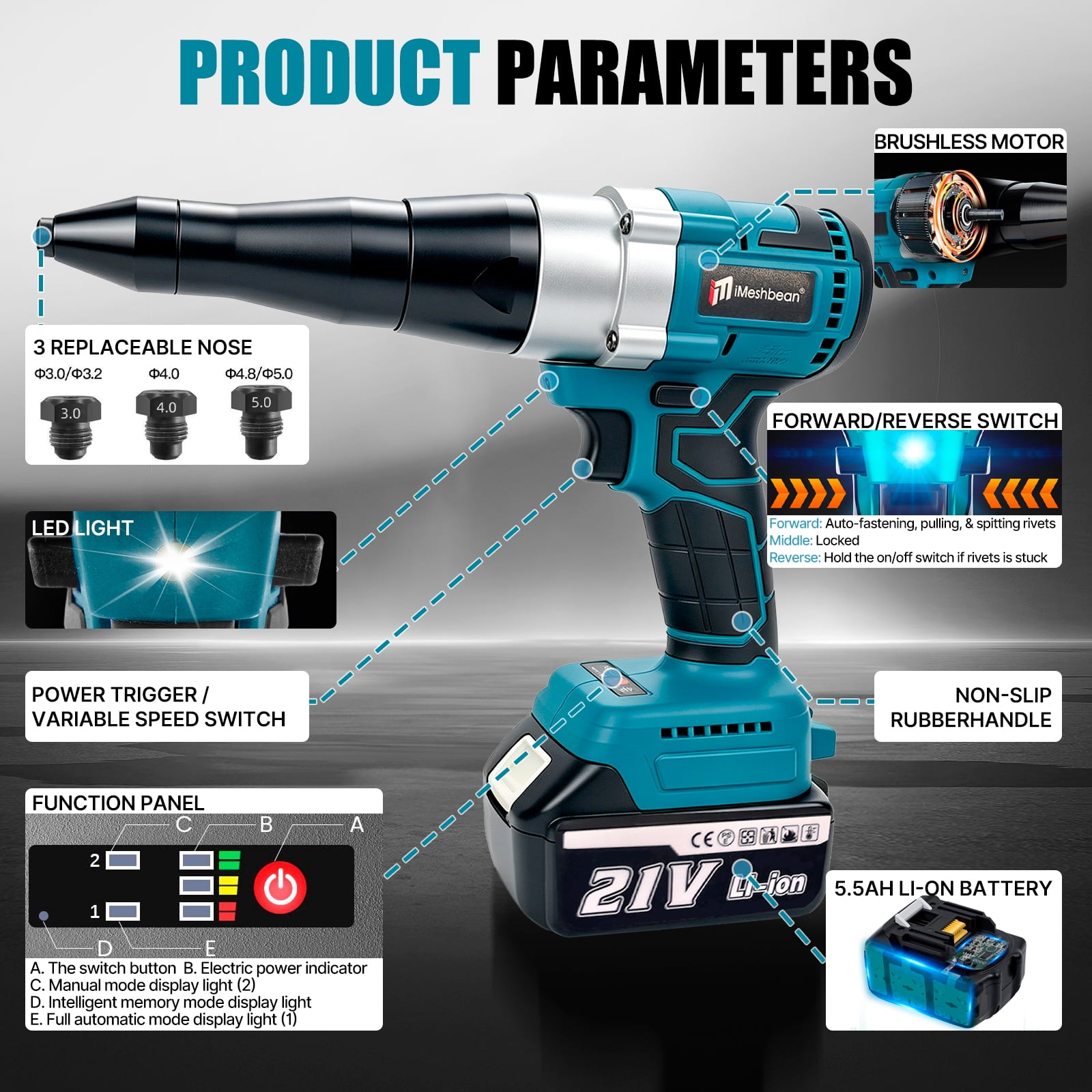 iMeshbean Cordless Rivet Gun, with Battery and Charger, 21V