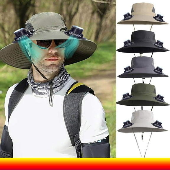 WKSCLPAI Solar Powered Fan Fishing Hat - Wide Brim Sun Protection with 2 Cooling Fans, 3-Speed Outdoor Hat for Men Women, Summer Beach Hiking Essential with Solar & USB Charging
