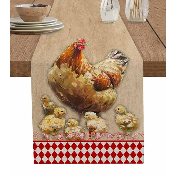 Table Runner Dresser Scarf 16 x 72 Inch Hen and Chick Farmhouse Chicken Rustic Oil Painting Red Plaid Table Runners Non-Slip Heat Kitchen Dining Table Decor for Indoor Outdoor Home Party Decoration