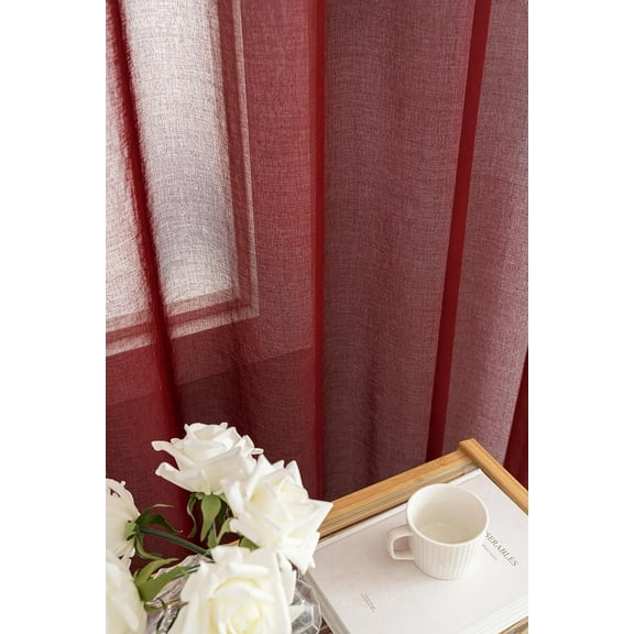 FFHAAD-Burgundy Sheer Curtains 95 inch Length 2 panels, Rod Pocket Semi Sheer Privacy Curtains, Window Treatments Soft Voile Drapes for Windows Living Room Bedroom French Doors Doorway Divider, 52"Wx