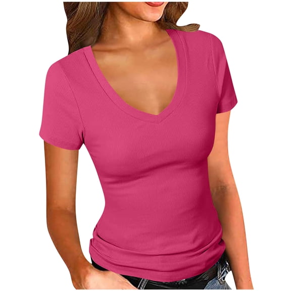 Htigea Women's Short Sleeve Shirt Summer V Neck Slim T Shirts Solid Color Tops Soft Comfy Pullover Tees Hot Pink S