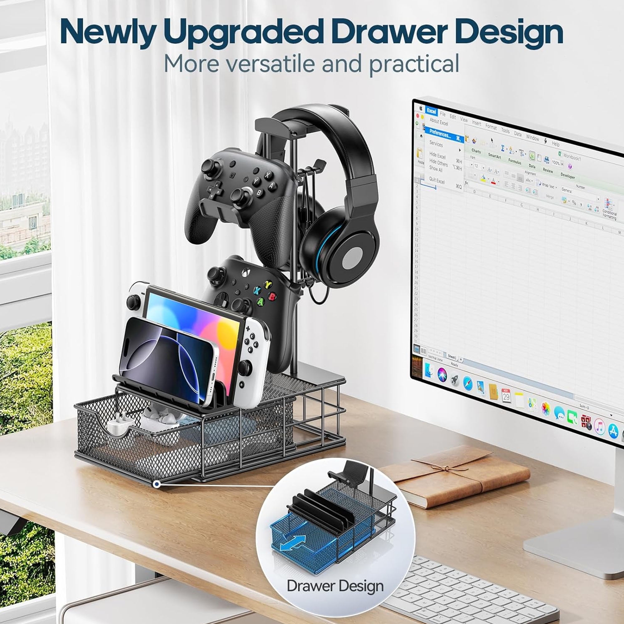 KDD Headphone Stand, Gaming Controller Holder, Desk Organizer Metal Headset Stand with Drawer Cable Organizer