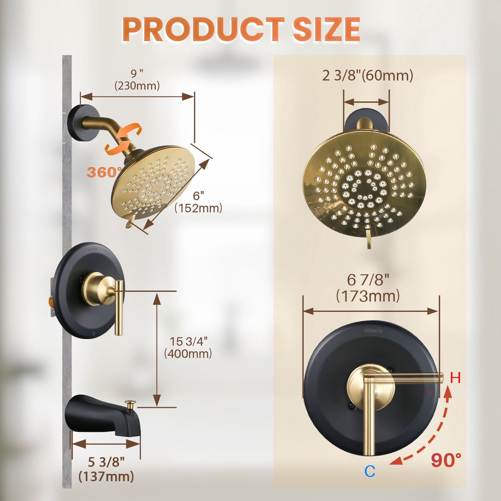 Wowow Single-Handle 5-Spray Settings Round Shower Faucet with Tub Spout in Matte Black and Gold (Valve Included)