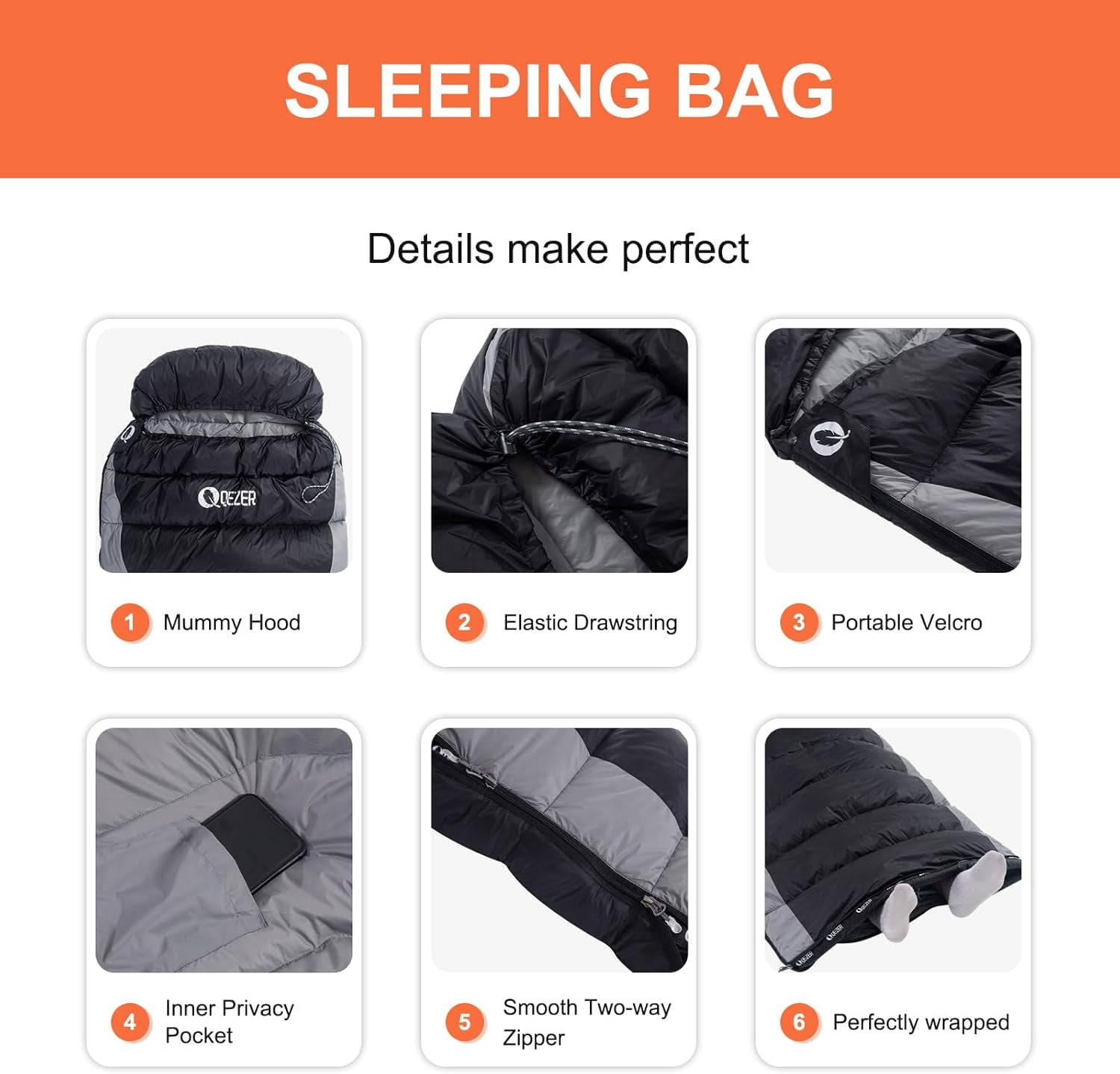 QEZER Ultralight Down Sleeping Bag Adults For 3 Seasons 40℉-53℉, Camping and Traveling