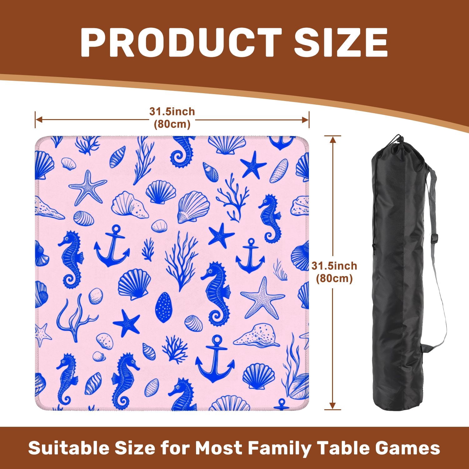 Mahjong Mat 31.5" x 31.5" Blue Ocean Theme Seahorses Starfish Anchors Shells Pink Non-Slip Noise Reduction American Mahjong Tiles Table Cover for Dominoes Poker Card Board Games Gift