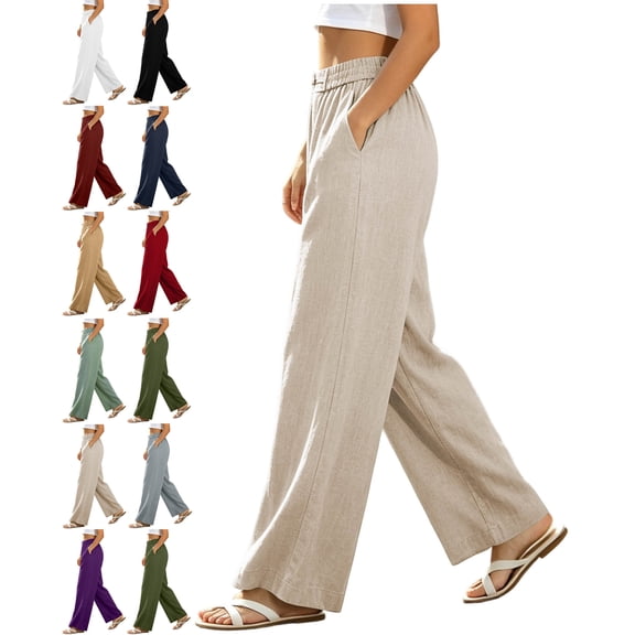 Pants for Women with Pockets 100% Cotton Elastic Waist Loose Casual Pants