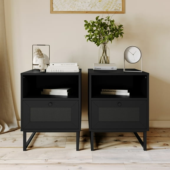 Merrick Lane Set of 2 Mid-Century Modern Wooden Bed Side Tables/Nightstands with Drawer and Shelf in Black Finish