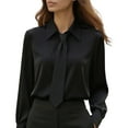 thumbnail image 2 of Women's French Collar Long Sleeve T-Shirt with Matching Tie, Solid Color Business Casual Blouse, Elegant Pullover Top for Work, Office, Fall Spring Daily Outfits Black L, 2 of 9