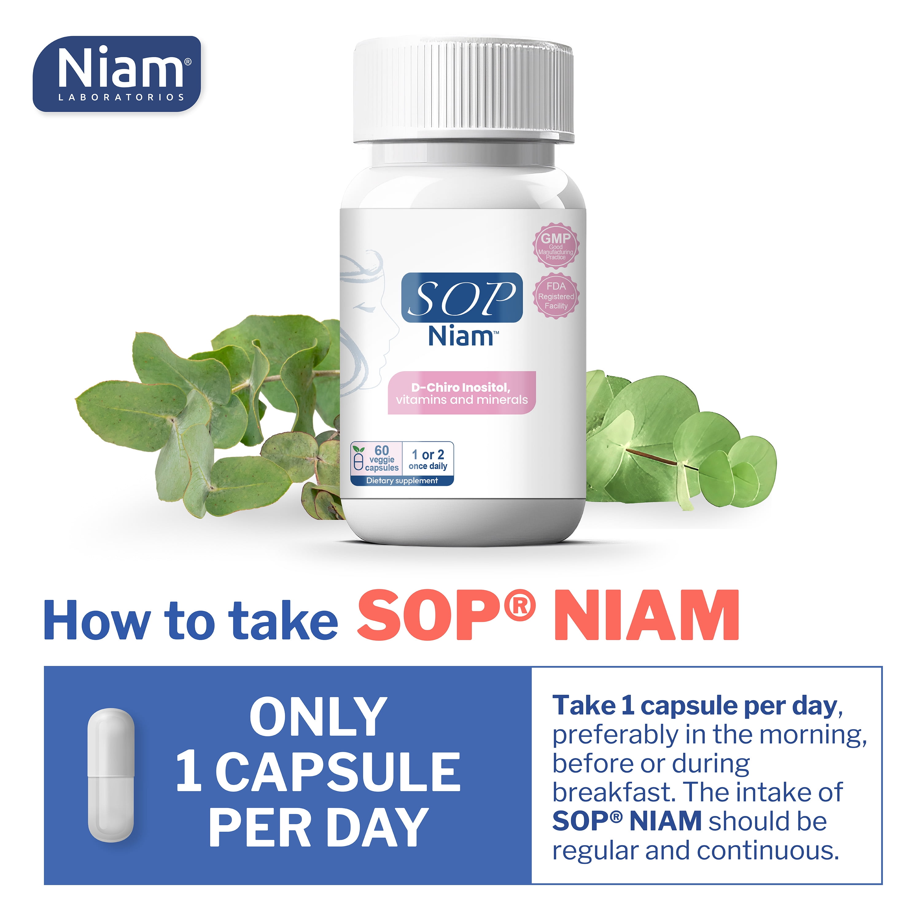 60 Day Supply | D-Chiro Inositol Supplement for PCOS - 475mg | Folic Acid, Vitamin B6, B12, D3 & Biotin | Polycystic Ovary Syndrome | Hormonal Balance | SOP® NIAM