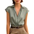 thumbnail image 6 of Endives Women's Satin Shirt Elegant Short Sleeve Shirts V Neck Work Shirt Business Casual Outfits Womens Blouses Dressy Summer Tops S-5XL Light Green M, 6 of 7