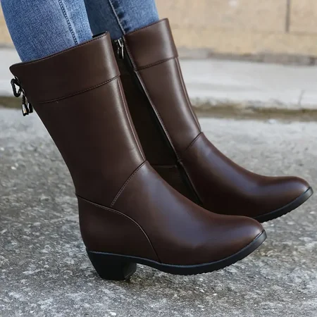 

Women‘s Mid-Calf Boots Waterproof Zipper Round Toe Faux Leather Shoes Women‘s Footwear